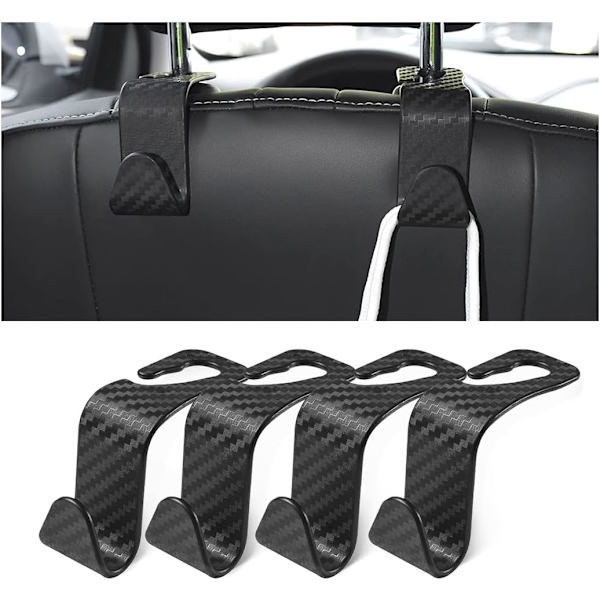 Bilstol-Hovedstøtte-Kroge, 4-pak Carbon Fiber Stilfulde Bilstol-Hængere til Håndtasker, Klædtasker, Bilinteriør Tilbehør (Carbon Fiber/Sort)