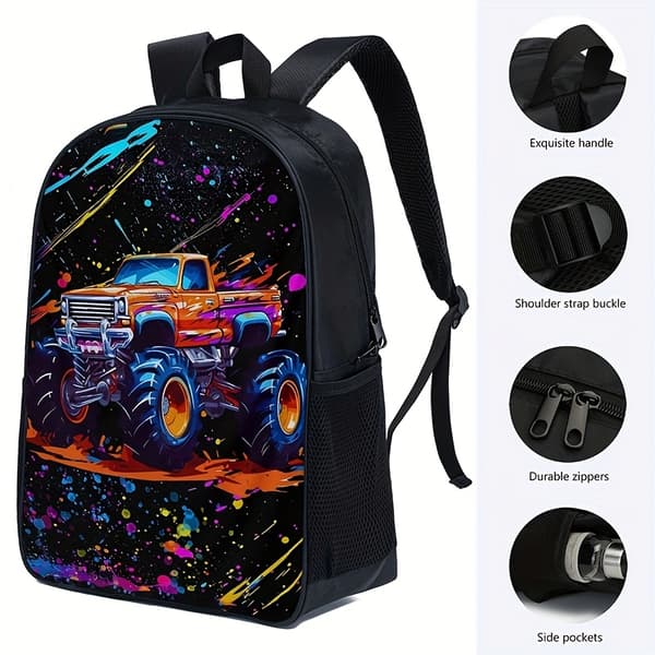 [Cool Truck Backpack] 3-piece set with cool truck backpack - Lightweight polyester, vibrant monster truck design | Unisex, adjustable strap
