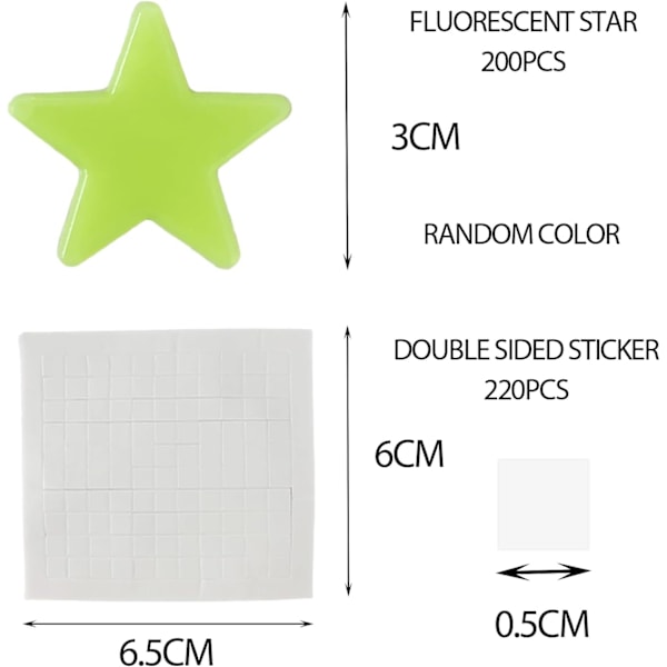 200 stk Fluorescerende Stjerner 220 stk Dobbeltsidig Selvklebende Klistremerker Fluorescerende Plastklistremerker