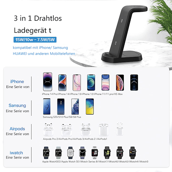 Trådlös laddare 3 i 1, trådlös laddare med 18W adapter för iPhone 14/14 Pro/14 Plus/14 Pro Max/13 Pro/13 Mini/12/11/X/8, Laddningsstation för