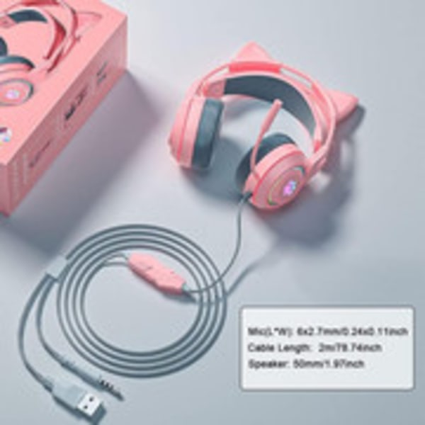 Kablet Gaming Headset Sød Katteøre RGB Baggrundsbelysning Over-ear Hovedtelefon Støjreducerende Mikrofon Surround Sound til Bærbar Pink