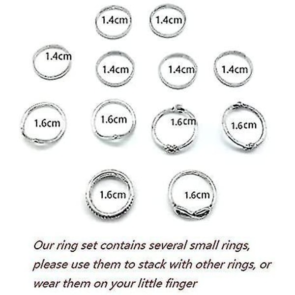 Set med 12 vintage silverringar för kvinnor och flickor Knuckle Rings Stackable Rings