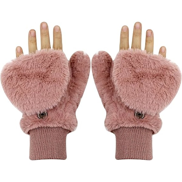 Vinterluffer til kvinder - Bløde, fluffy handsker med vindtæt fleece og varm lufferdækning til piger pink