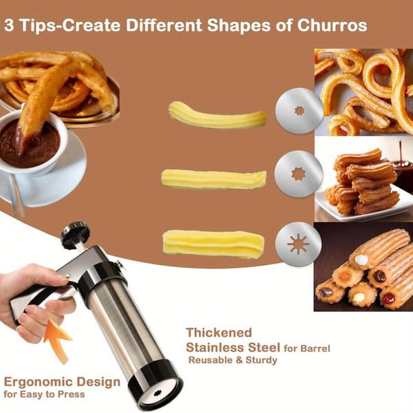 Manuel Churros & Cookie Stick Maker med 3 udskiftelige dyser, fødevaregodkendt stål