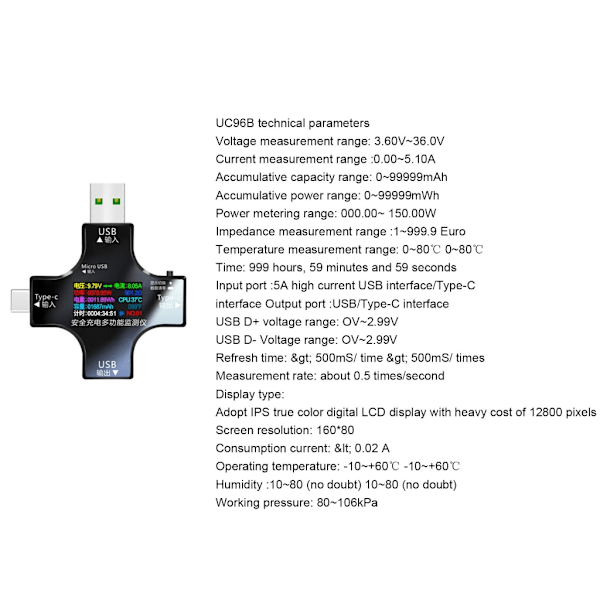 1:ssä Type-C USB -testeri Värinäyttöinen digitaalinen yleismittari, USB-C jännitteen ja virran volttimittari ampeerimittari-ilmaisimet