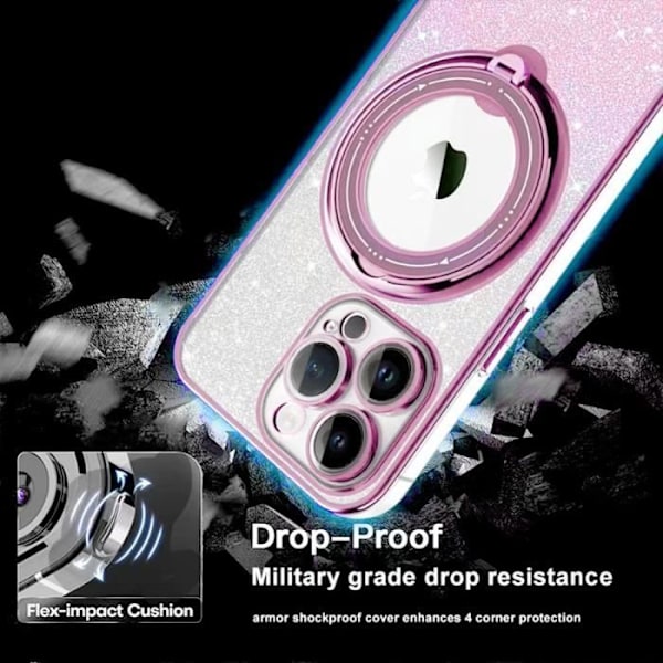 Etui til iPhone 16 Pro - Glitrende beskyttelse med roterende magnetisk ring - Rosa