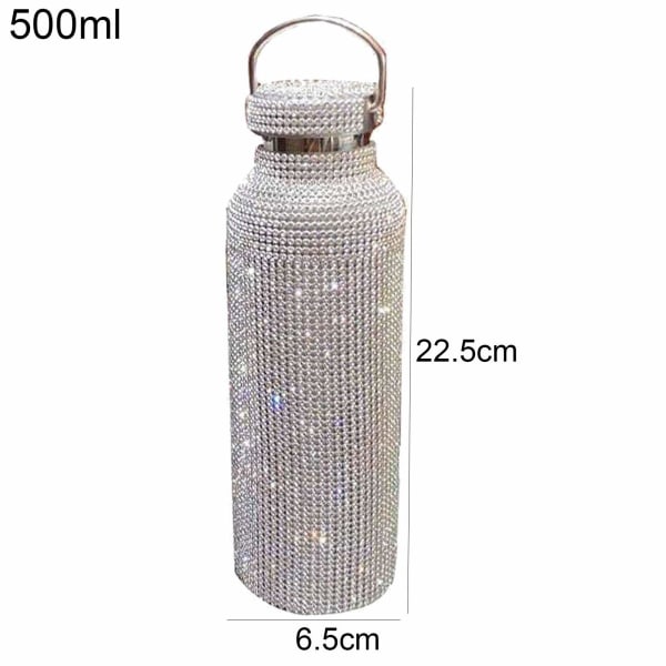Diamond vannflaske, rustfritt stål isolert vannflaske, glitter vannflasker etterfyllbare vannflasker for kvinner sølv (500 ml)