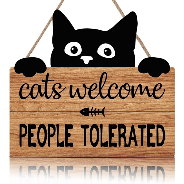 Rolig katt välkomsskylt, katter välkomna människor tolererade kattunge tassavtryck träskylt, svart katt väggdekor, rolig träskylt för djuraffär hem