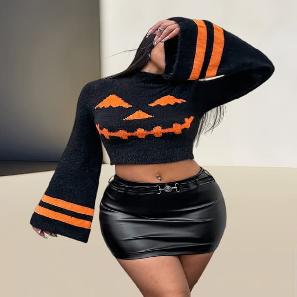 Dame Mørk Græskar Farveblok Cropped Turtleneck Sweater Efterår Vinter Mode Trendy Strikket Top black M