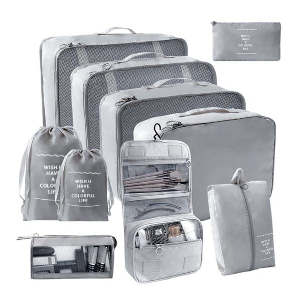 9 stk/11 stk Reiseoppbevaringssett i ensfarget stoff Bærbar koffert Klærpakkepose for reise Grey 10 pcs