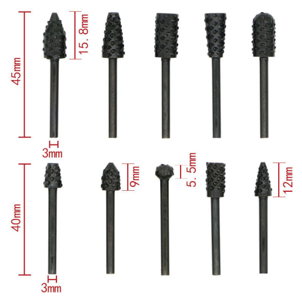 GUB/bon 10 stk 3mm Mini Rasp Bits Trefil Rotaryfil Bor Skjæring Bor Trefilbearbeidingsverktøy Svart