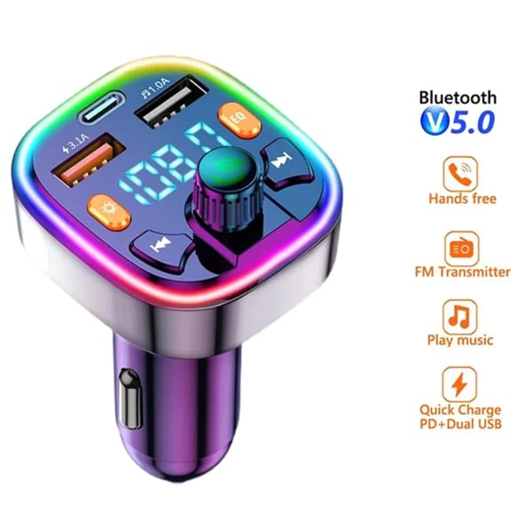 Bil Bluetooth FM-transmitter, Blå Ambient Lys Trådløs Radio Bilmodtager Adapter med håndfri funktion, Dobbelt USB-oplader