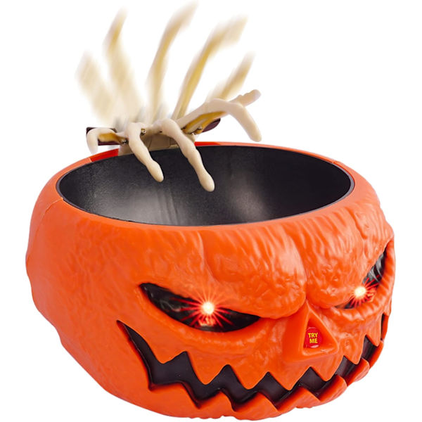 Halloween-karkkipurkki, animoitu kurpitsakarkkipidike, valaistut punaiset silmät ja ääni-karkkilautanen liikkeellä aktivoituna temppuilu- ja herkkujen jakajille