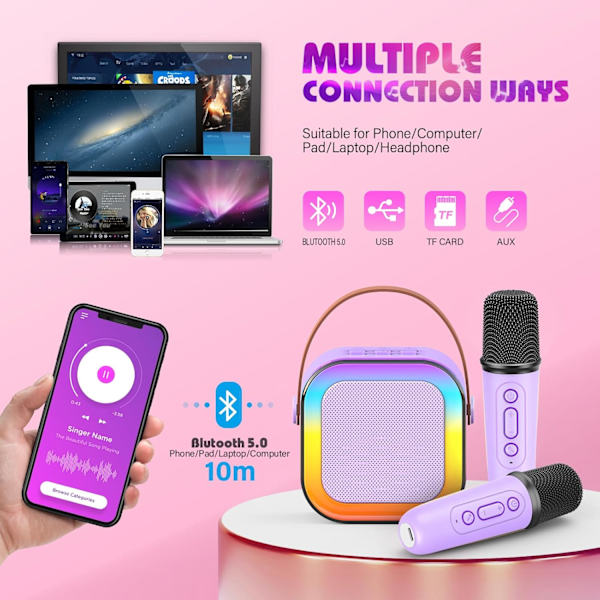 Karaokemaskin med 2 mikrofoner, för flickor 3-15 år, leksaker, mikrofonleksaker för flickor, födelsedagspresenter Purple