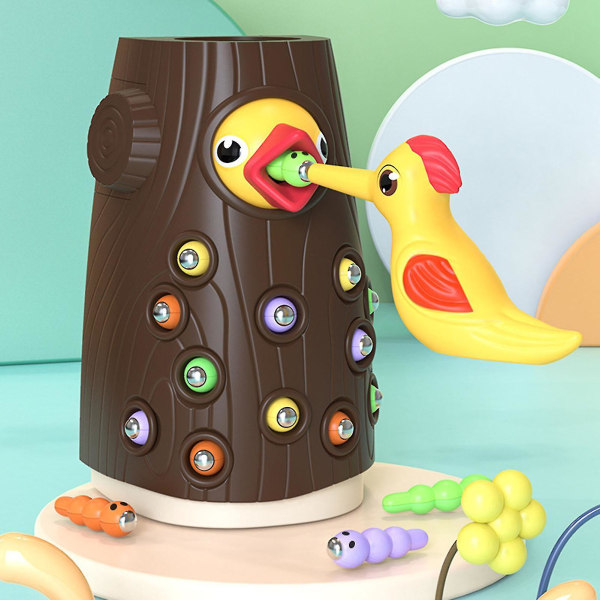 Magnetic Bird Toy: Early Education, Toddler Tree Stem Worm Game, Creative Feeding Game, Engagerande brun leksak