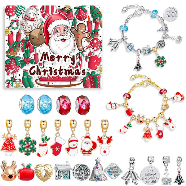 Julekalender Charm Armbånd til Piger 2023, 24-Dages Jule-nedtællingskalender med 2 stk. DIY Charm Armbåndssæt, Kreativ Smykkefremstilling A