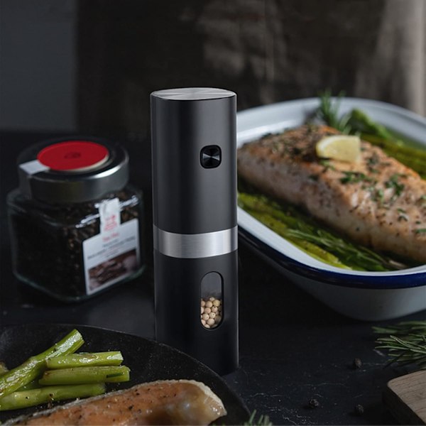 Elektrisk salt- og pepperkvernsett, oppladbar pepperkvern med ladestasjon, liten børste, LED-lys, justerbar grovhet (Sort-Oppladbar)