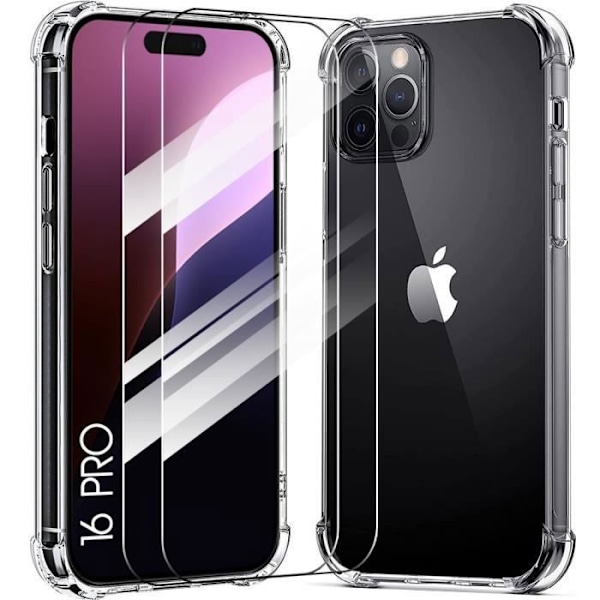 iPhone 16 Pro -kotelo - Läpinäkyvä iskunkestävä TPU + 2 karkaistua lasisuojaa