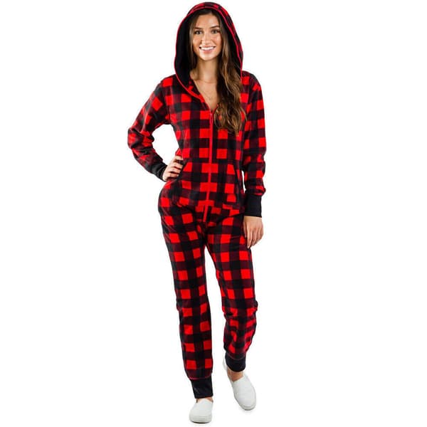 Jumpsuit for kvinner med juleruter og hette, lange ermer Red