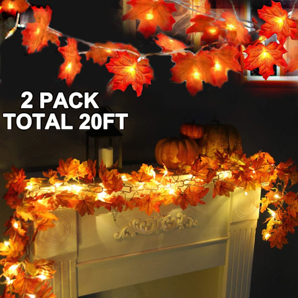 2-pack Höstdekoration Förstorad Lönnlöv Halloween Höstdekorationer för Hemmet Höstlampor Tjocka Löv Girlander, Totalt 20 fot 40 LED Batteridriven