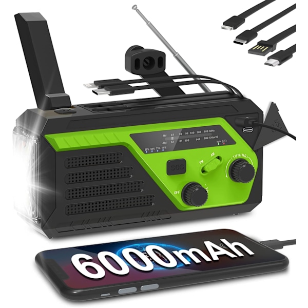 6000mAh Vev Radio, Nödradio, Handvevradio med 4 Inbyggda Kablar, AM/FM Radio