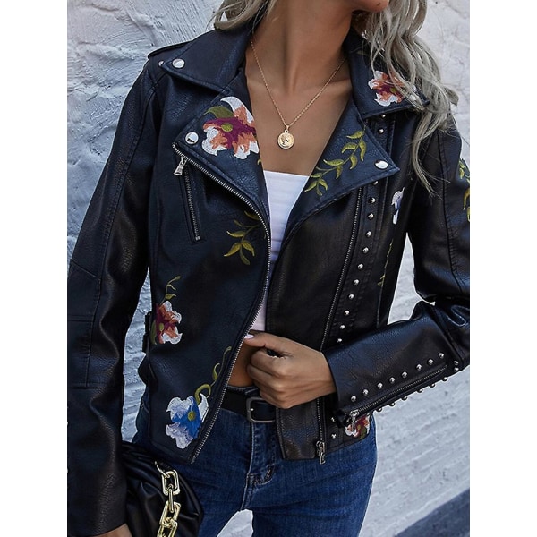 Floral mønster print imiteret blød læderjakke kvinder pu motorcykel frakke kvinde sort punk lynlås nitte overtøj sort Black S