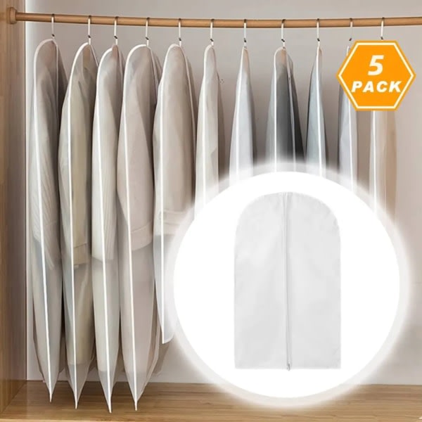 5 stykker møl-resistente beklædningsposer Åndbare gennemsigtige beklædningstasker med fuld lynlås (L: 60x120 cm)