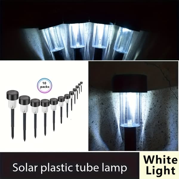 10 stk. Solar LED-lys Udendørs Rustfrit Stål Stanglys Solar Landskabsdekorative til Have White Light Plastic 10packs