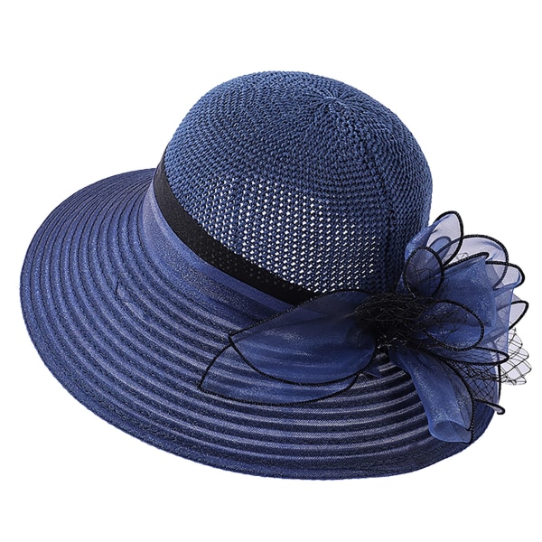 Heklet Organza Blomster Halm Solhatt for Kvinner, Fransk Te-selskap Hodeplagg Kentucky Derby Kirkehatt Sommer Strand (marineblå)