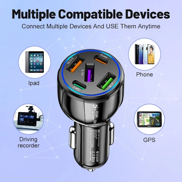 Port 75W USB Bil Lader Type C Bil Lader Hurtig Lading PD QC3.0 Telefonlader i Bil For iPhone Xiaomi Huawei Samsung black