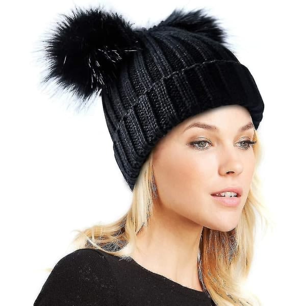 Kvinders Vinter Fleece Foret Boble Hat Strikket Faux Fur Voksen Kvinde