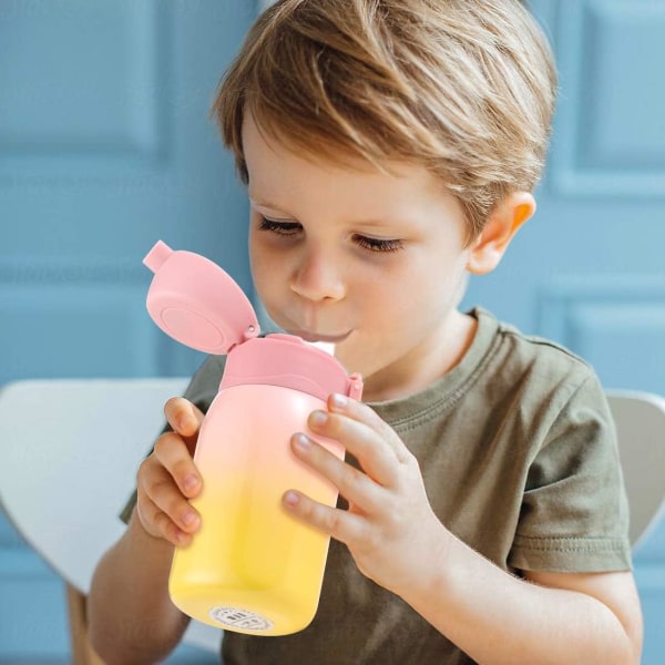 Vannflaske for barn, dobbelvegg vakuumisolert rustfri stålflaske i 24 timers kjøling og 12 timer holdes varm, 9 oz (gul-rosa)