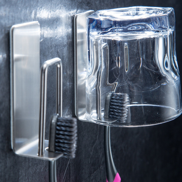 Vægmonteret tandbørsteholder med selvklæbende børstet rustfrit stål (2-pack)