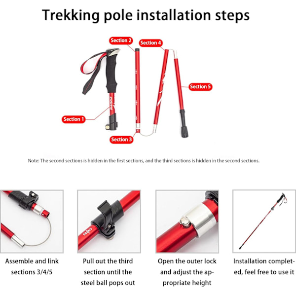 Ultralight Hiking Poles Foldable / Walking Pole 5 Sections 1 Pair - Adjustable Height Black