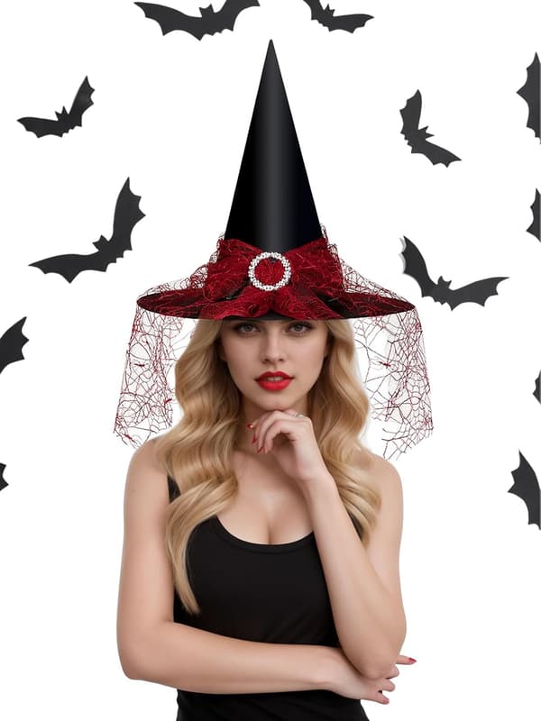 Heksehat til kvinder, blonde mesh, elegant kostume, troldmandskostume tilbehør til cosplayfester Red Lace