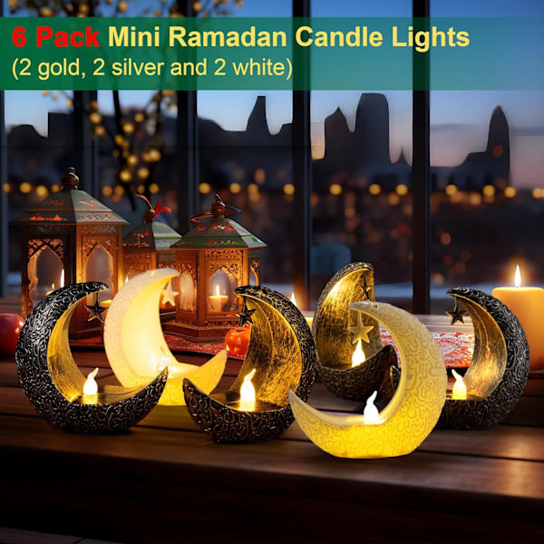 Ramadan-lykt, Mini Ramadan LED-lysdekorasjoner, 6 stk Eid Mubarak Mini-lykter
