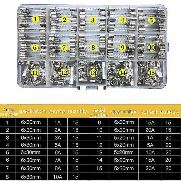 250x Assorterade Glassäkringar 5x20mm 6x30mm Box Säkringsrör Kit Snabb Blåsning Snabbverkande A