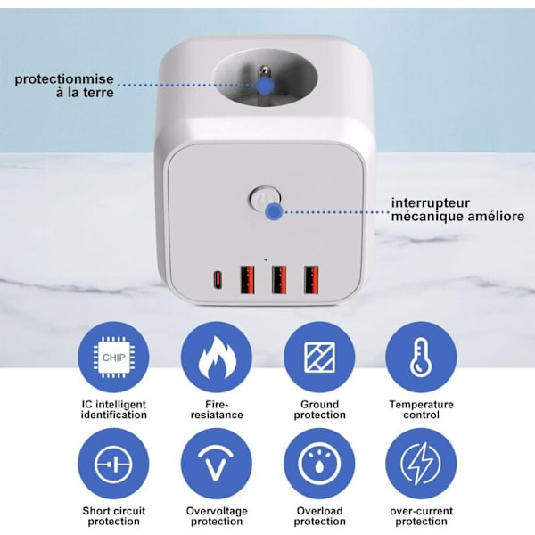 Seinäkupu, 7 in 1 USB-laturi 3 AC-pistorasialla, 4000 W sähköinen jatkojohto kytkimellä, ihanteellinen olohuoneeseen, makuuhuoneeseen, toimistoon_xx