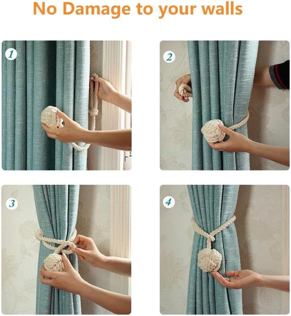 4-paknings gardinbånd, solide tau, håndlagde, rustikke, dekorative bånd, beige