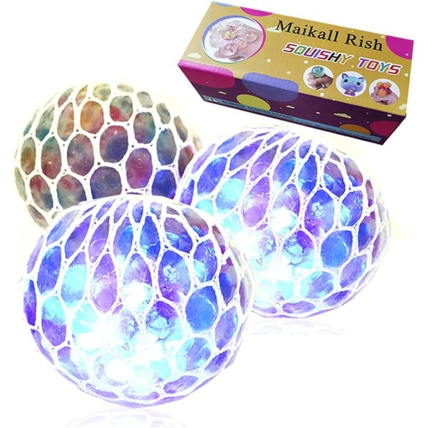 3 stk Mesh Grape Squeeze Stress Balls LED Squishy Baller Sensoriske leker for barn