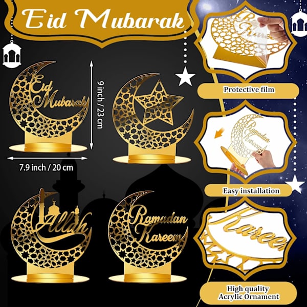 4 stk Eid Mubarak Akrylpynt Ramadan Bordplakett Pynt Måne Stjerne Hengeanheng