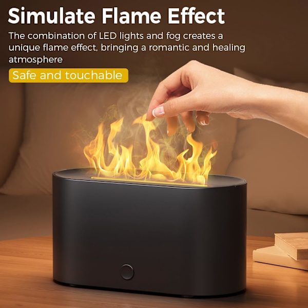 7 Farver Simuleret Flamme Luftfugter Aroma Diffuser med Farveskiftende Natlys til Hjem Aromaterapi Luftfugter Sort