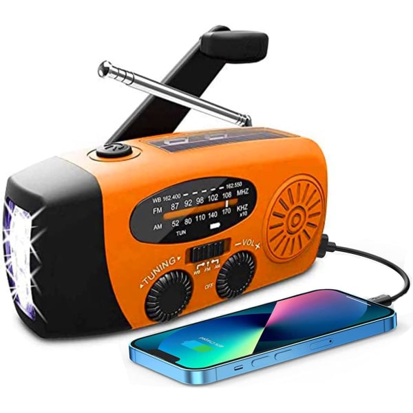 Sääradio, aurinkoradio, hätäkäsikammen itsesähköinen AM/FM aurinkosääradio LED-taskulamolla, WB-radio akkuvarmistuksella Orange