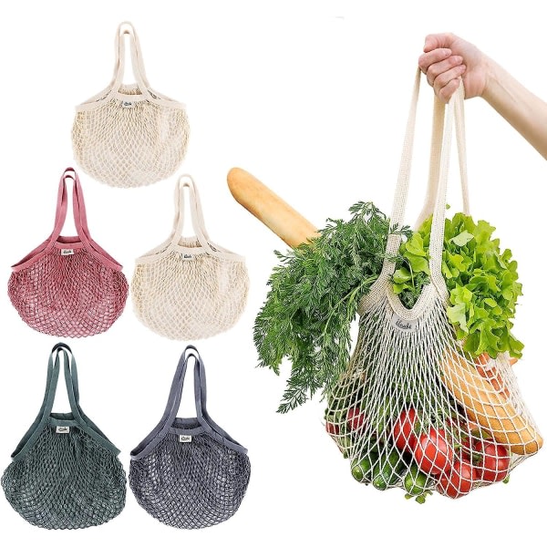 Pakke gjenbrukbart netting Bærbar vaskbar bomullssnørepose med langt håndtak Frukt Grønnsaksnettsett