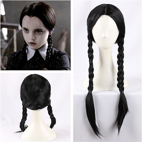 Wednesday Addams Peruk med Peruknät Svarta Peruker för Wednesday Kostym Lång Svart Flätad Peruk Flätade Peruker för Addams Fest