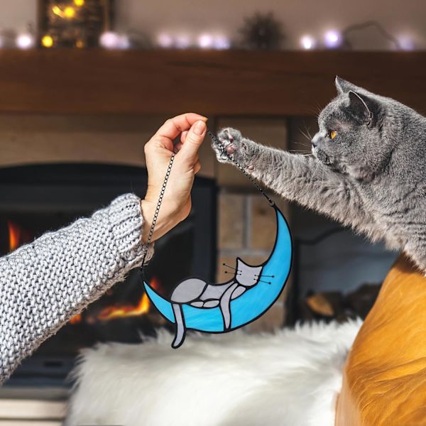 Färgat Glas Katt på Månen Presenter, Grå Katt Dekoration, Katt Solfångare Dekoration för Kattälskare, Katt Färgat Glas Fönsterhängande Minnesgåva Katt (Grå) Grey