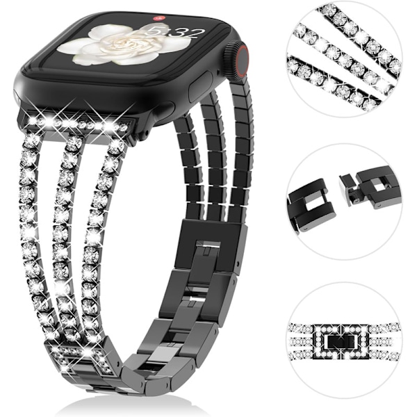 Bling Metal Link Armbånd Stål til Kvinder Kompatibel med Band Series 9 8 7 SE2 6 5 4 3 2 1 med Krystal Diamant 41mm 40mm 38mm Sort Sort black 38/40/41