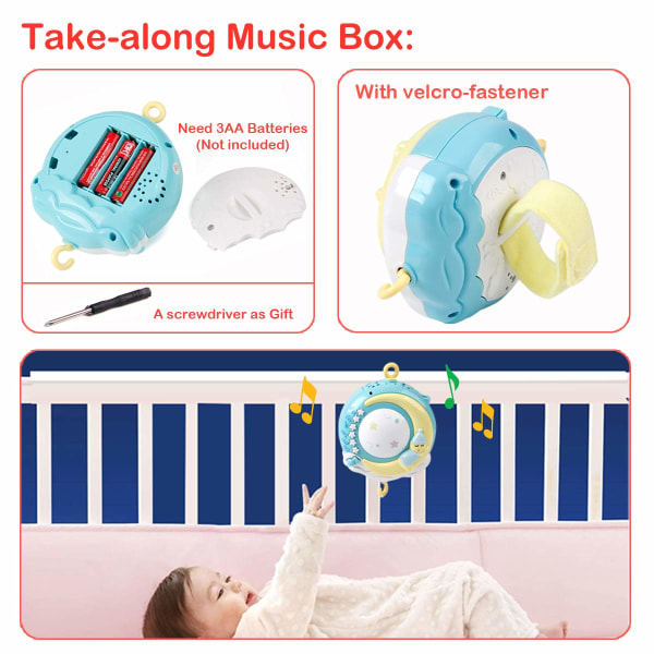 Baby tremmeseng mobil med hængende roterende legetøj, tage med spilledåse og projektorfunktion, timing fjernbetjening, perfekt gave til baby sovende-blå