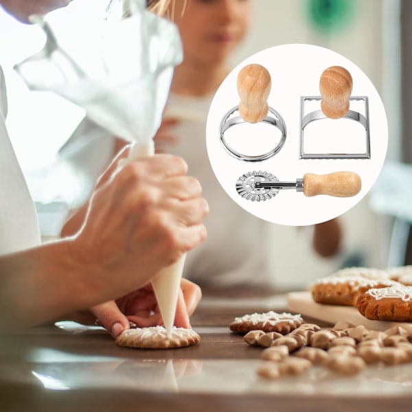 Ravioli Stempel Sæt, Firkantet Rund Ravioli Maker med Træhåndtag og Rillet Kant, Ravioli Maker med Pasta Rulle Hjul Sæt