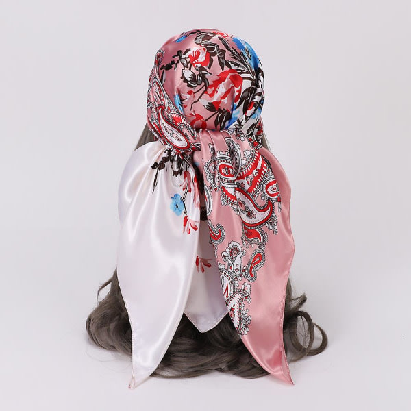 (Rosa+Beige) Print Matchande färg Stor fyrkantig halsduk Dam Turban Stor sjal Imiterad sidenscarf